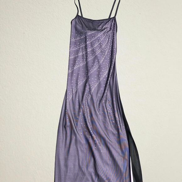 Vintage 90s purple mesh rhinestone maxi dress side slit strappy Y2K whimsigoth - Picture 1 of 13